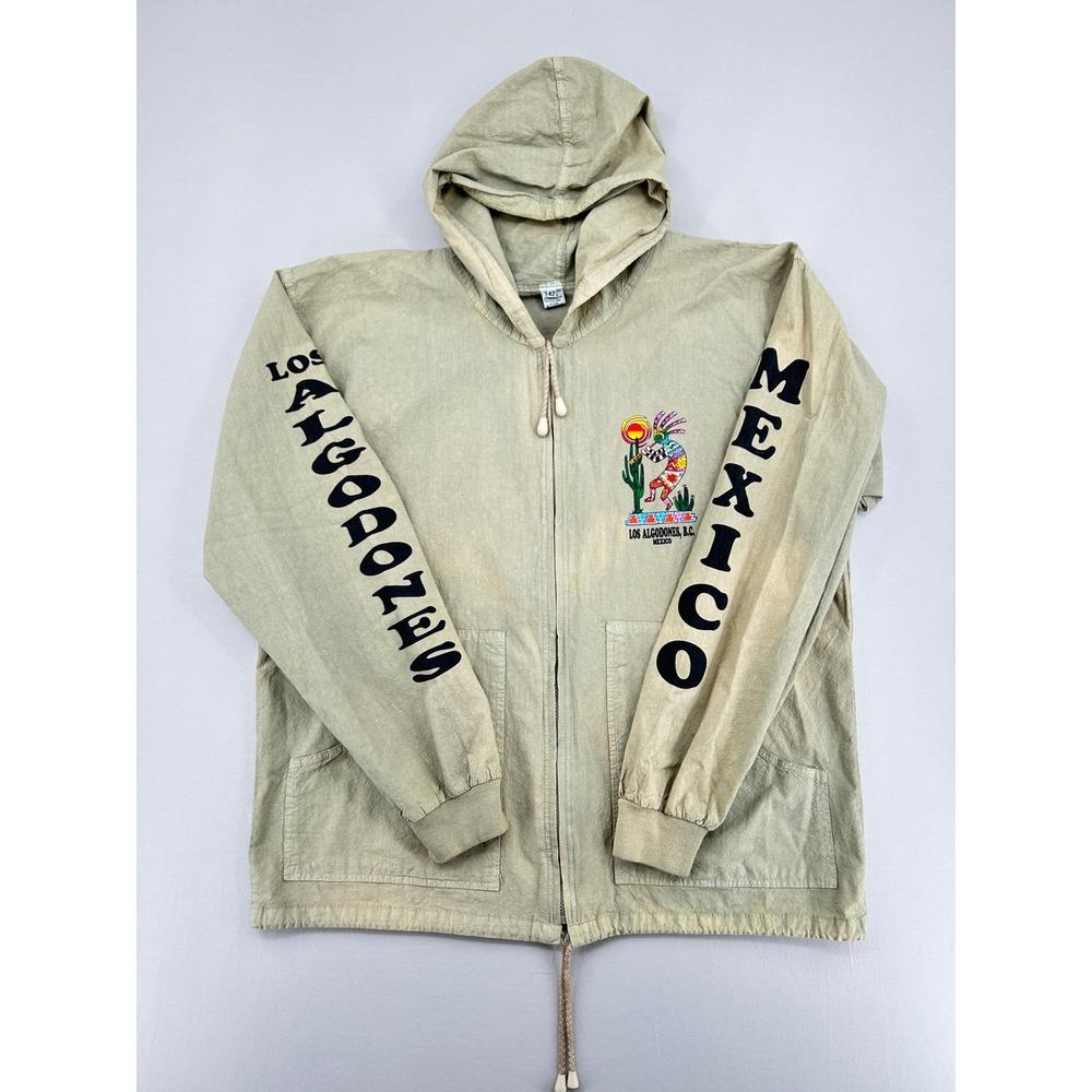 Vintage Los Algodones Mexico Kokopelli Cotton Zip Up Hoodie Tan Mens 42 Large